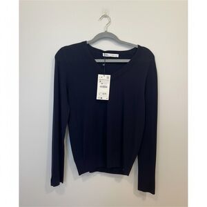 NWT Zara Navy Blue V-Neck Long Sleeve Sweater